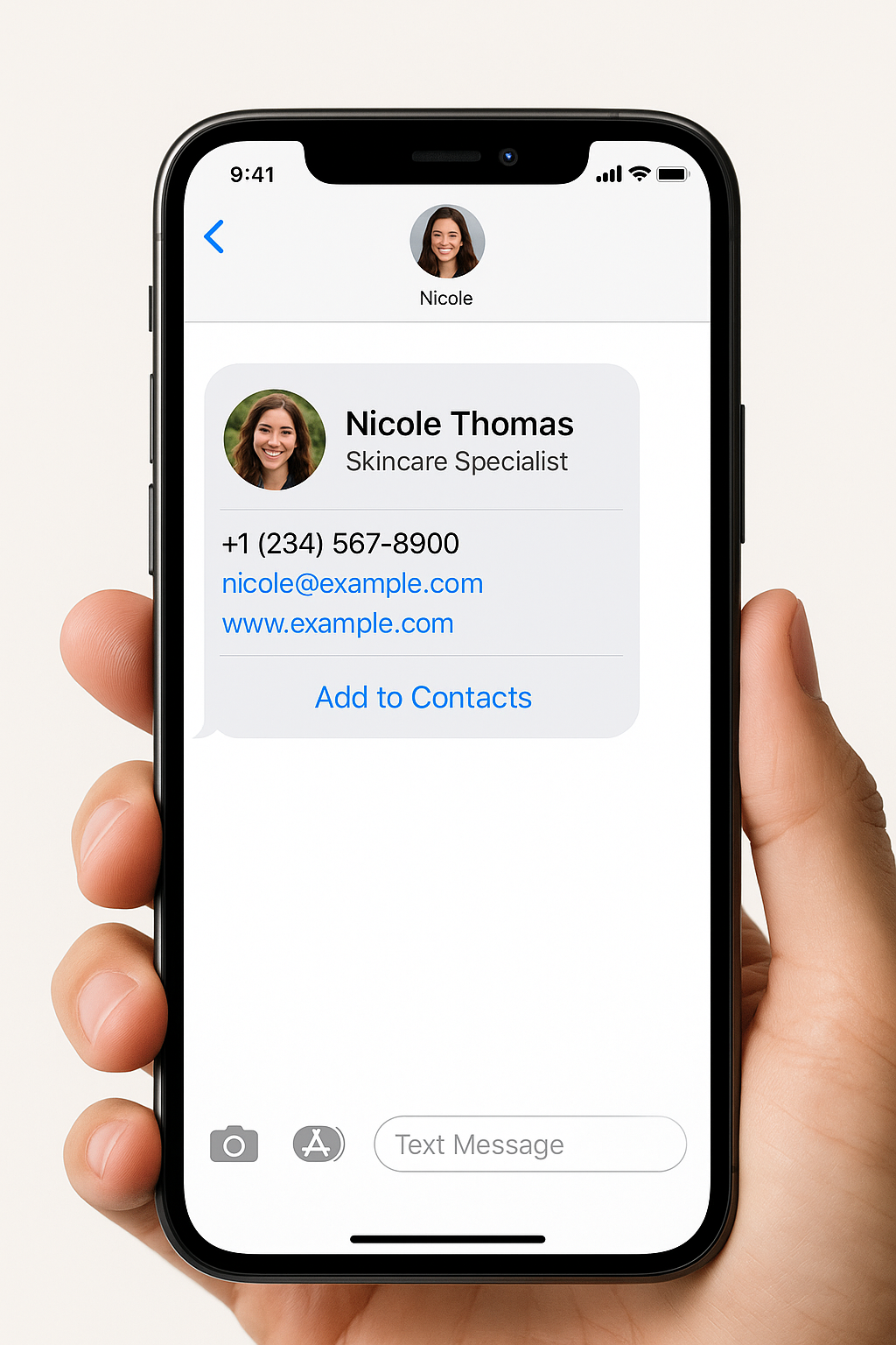 A hand holds a smartphone displaying a text message with a vCard for Nicole Thomas, a Skincare Specialist. The digital contact card includes her smiling photo, name, phone number, email, website, and a blue “Add to Contacts” link—demonstrating how easy it is to save a sender’s contact info directly from a text message.